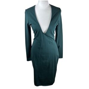EXPRESS Deep V Neck Long Sleeve Bodycon Midi Dress Dark Green Womens Size Medium